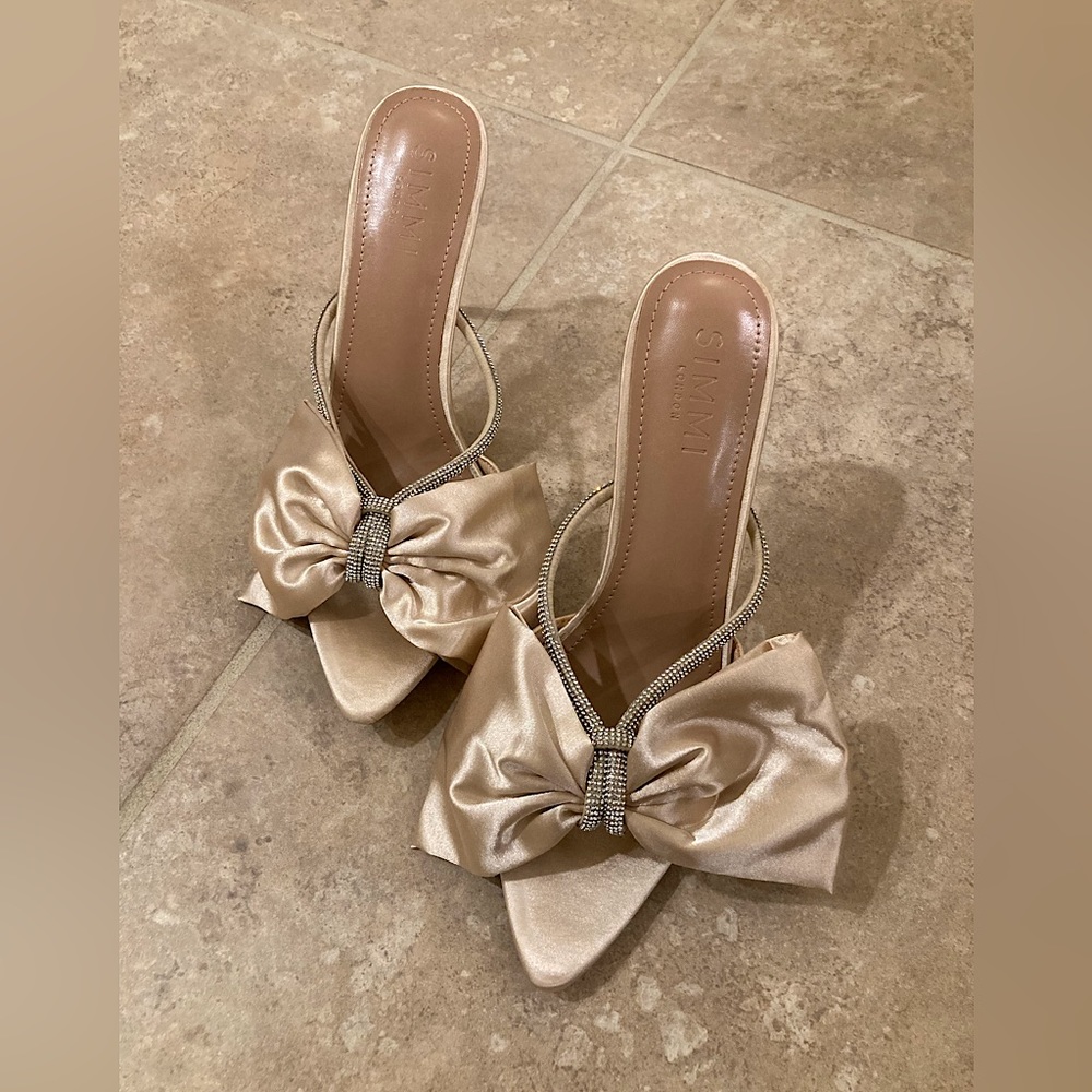 ASOS Simmi London Bridal Ezlili heeled sandals with bow in beige satin